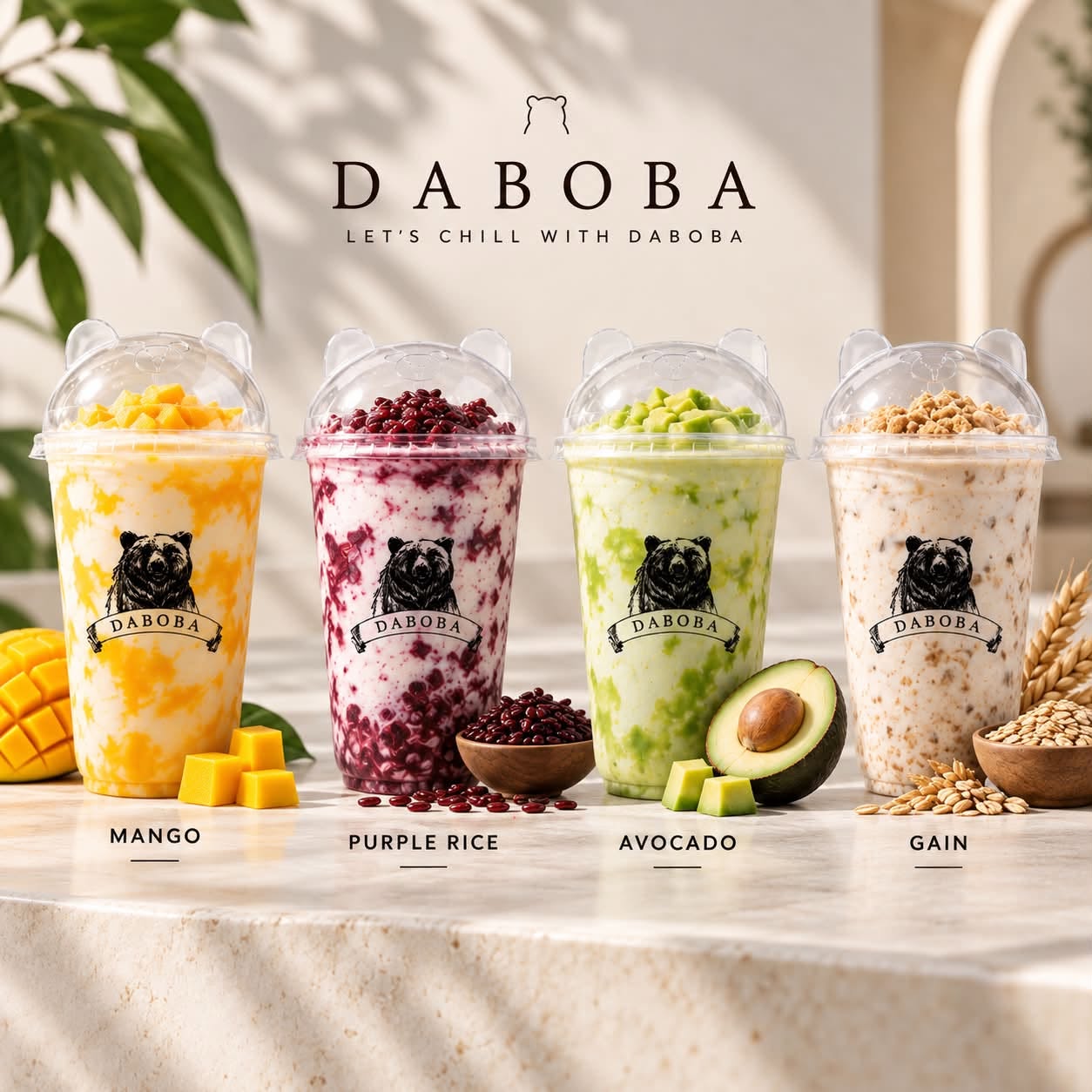 Four signature Daboba milk teas: Mango, Purple Rice, Avocado and Grain